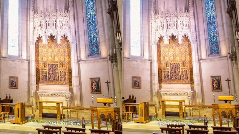 Side-by-side comparison of a church altar, showing differences in image clarity between "12 MP Pro Raw" on the left and "50 MP Pro Raw" on the right. The right side appears sharper and more detailed.