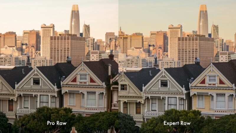 Side-by-side comparison of a cityscape showing Victorian houses and skyscrapers; the left side labeled "Pro Raw" appears softer, while the right side labeled "Expert Raw" is sharper with more defined details.
