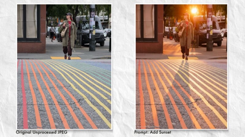 Side-by-side images of a person walking on a rainbow-striped crosswalk; the left image is unedited, while the right image has an added sunset glow in the background, casting warm orange light over the scene.