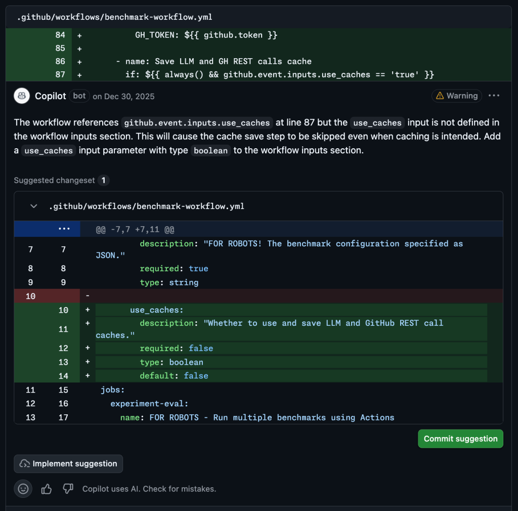 Copilot code review comment on a GitHub Actions workflow identifying a missing use_caches input parameter and suggesting a code change to add the boolean input to the workflow configuration.