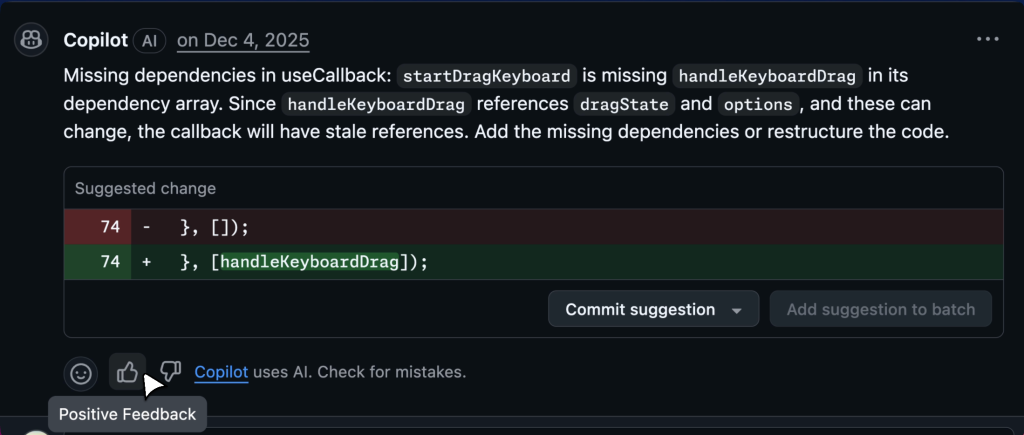 Copilot code review comment identifying a missing dependency in a React useCallback hook and suggesting a code change to add handleKeyboardDrag to the dependency array.