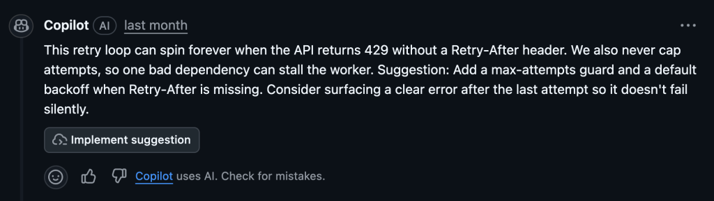 Copilot code review comment warning that a retry loop could run indefinitely when an API returns HTTP 429 without a Retry-After header and suggesting adding a retry limit and backoff.