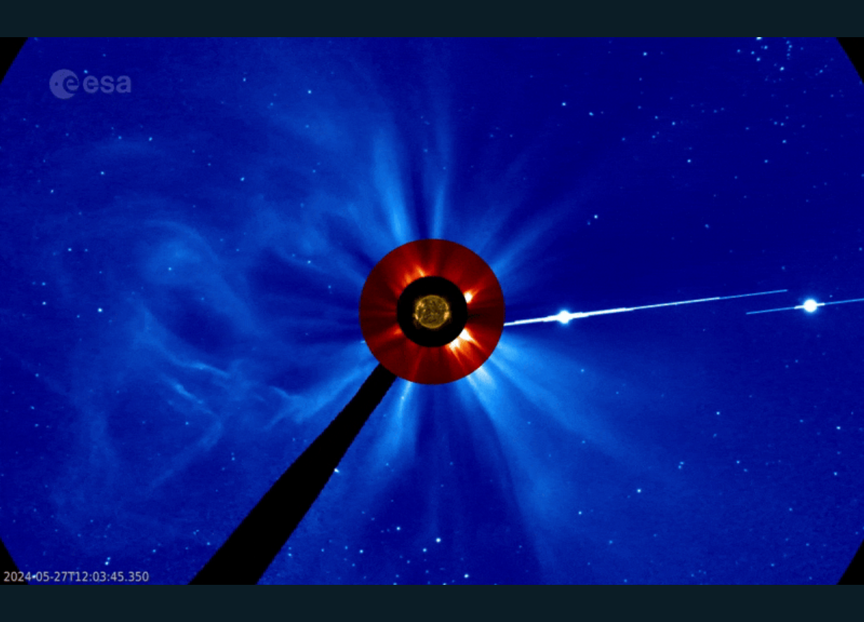 Images of the 2024 solar storm captured by NASA's Solar Dynamics Observatory's instruments, developed by the ESA/NASA. The bright spots to the right of the Sun are Jupiter and Venus. Credit: NASA/ESA