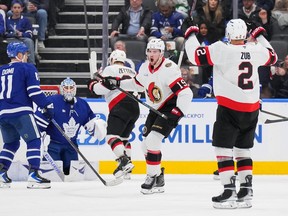 Ottawa's Drake Batherson (19) celebrates his goal against the Toronto Maple Leafs at Scotiabank Arena Saturday night.