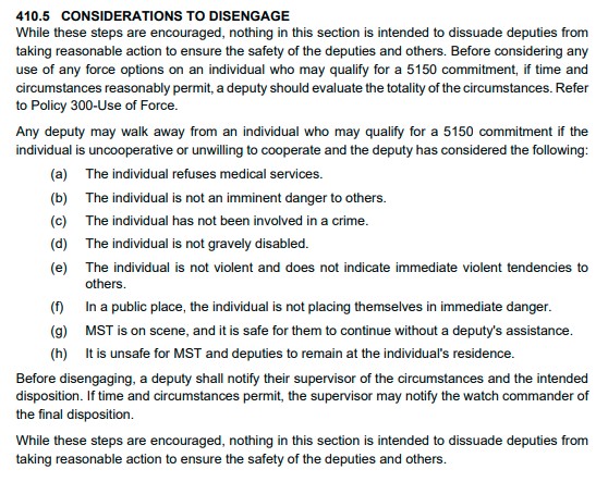 The Sonoma County Sheriff's Office includes in its "Mental Illness Commitments" policy a section called "Considerations to Disengage." (Screenshot from Sonoma County Sheriff's Office , updated Feb. 25, 2026)