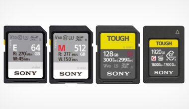 Four Sony memory cards are lined up side by side, each with different capacities and designs, labeled 64GB, 512GB, 128GB, and 1920GB, with various speed ratings and "TOUGH" labels on two of them.