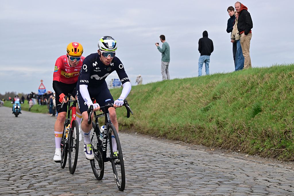 Norway's Storm Ingebrigtsen of Uno-X Mobility and Spain's Roger Adria of Movistar Team pictured in action during the 78th edition of the men elite race of the Kuurne-Brussels-Kuurne one day cycling race, 195 km from Kuurne to Kuurne via Brussels, Sunday 01 March 2026. BELGA PHOTO DIRK WAEM (Photo by DIRK WAEM / BELGA MAG / Belga via AFP)