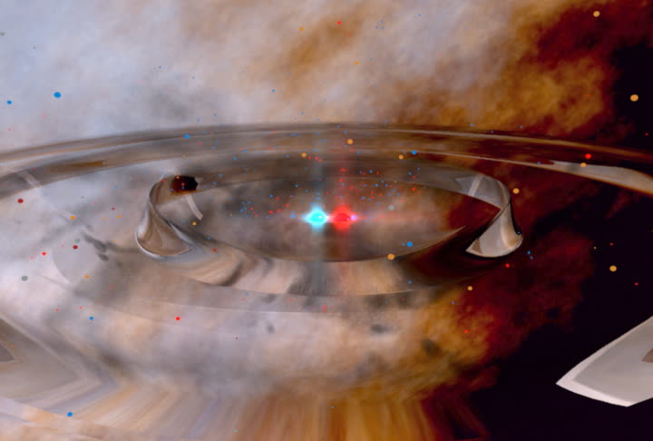 An illustration showing clear ripples over a starry brown and white background with a blue and red dot in the center representing two black holes merging.