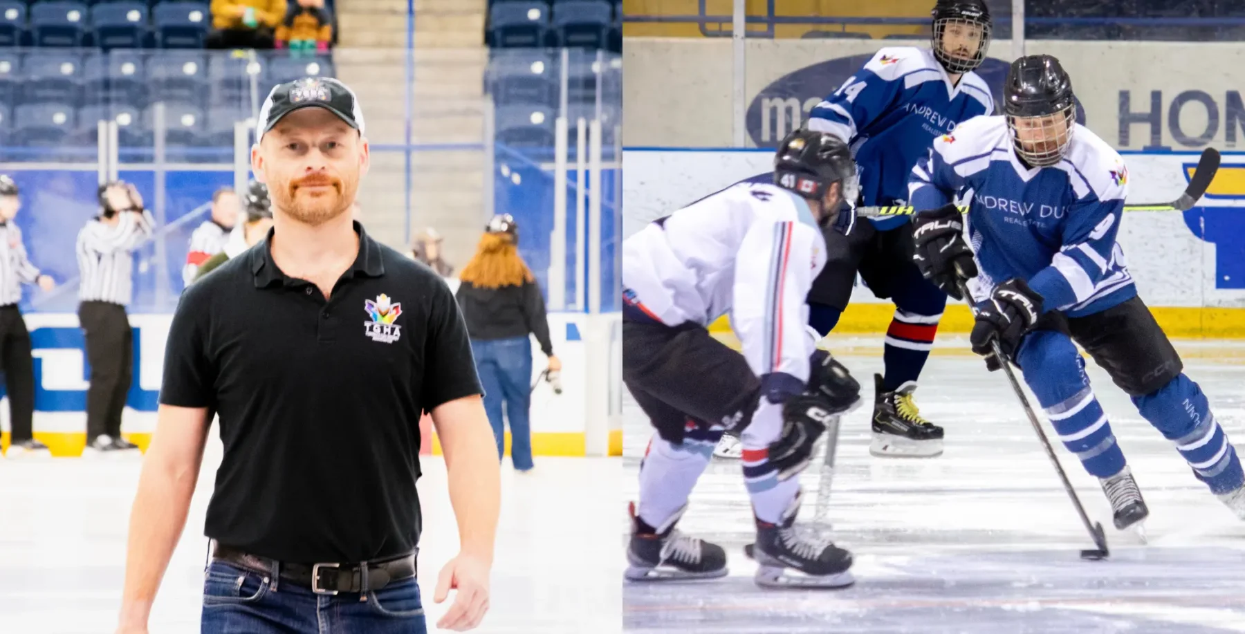 An image of players competing in a hockey game at an ice rink, highlighting Toronto's vibrant queer sports community and the Toronto Gay Hockey Association's inclusive environment.