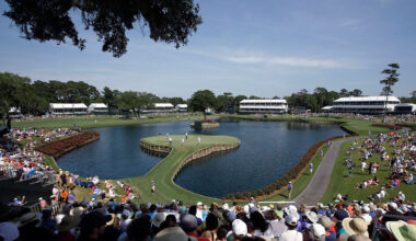 Corey Conners of Canada hits for eagle off the ninth fairway during the second round of The Players Championship golf tournament Friday, March 13, 2026, in Ponte Vedra Beach, Fla. (AP/Gerald Herbert)