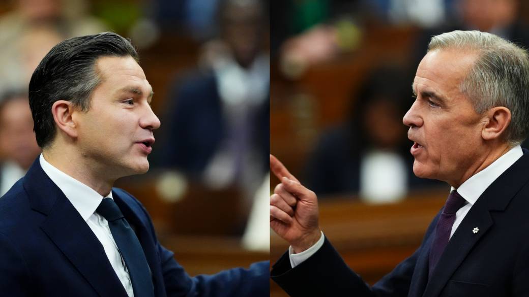 Click to play video: 'Poilievre, Carney spar during spirited debate ahead of Conservatives’ Alberta-B.C. pipeline vote'