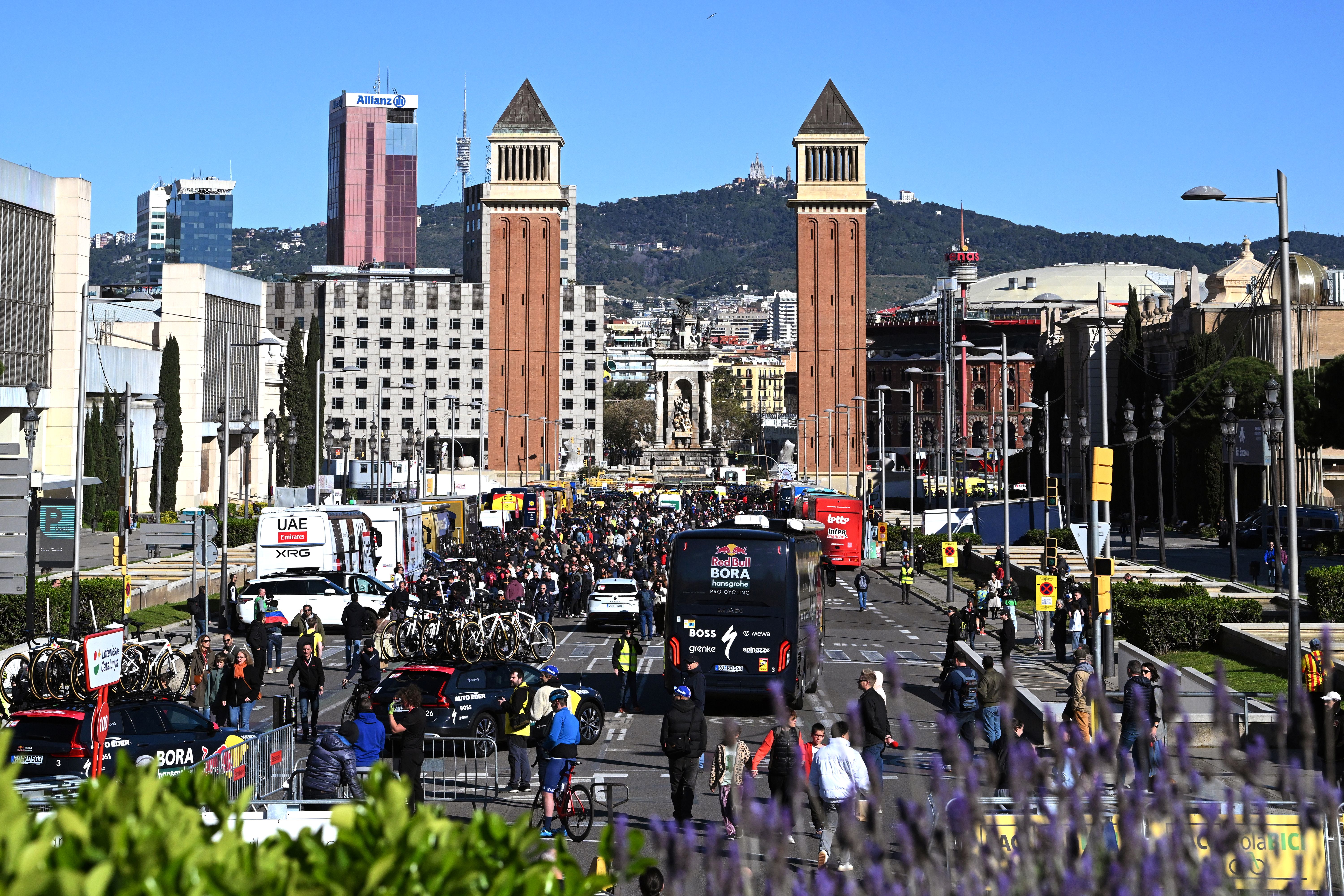 BARCELONA, SPAIN - MARCH 29: Teams paddock at the Plaza de Espanya prior to the 105th Volta a Catalunya 2026, Stage 7 a 95.1km stage from Barcelona to Barcelona / #UCIWT / on March 29, 2026 in Barcelona, Spain. (Photo by Szymon Gruchalski/Getty Images)