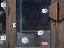 Bullet holes mark the front doors and windows after Jewish Temple Emanu-El in Toronto was shot up on Tuesday, March 3, 2026.