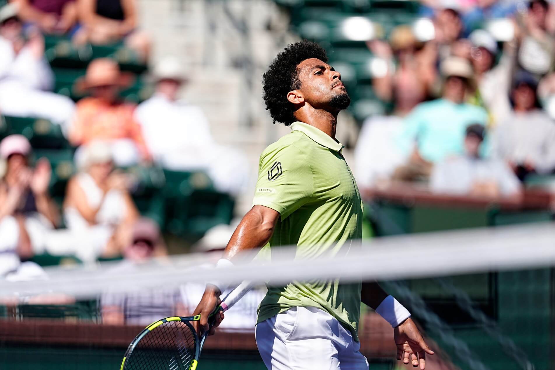 Arthur Fils puffs out his chest and celebrates wearing a light-green tennis shirt and white shorts.