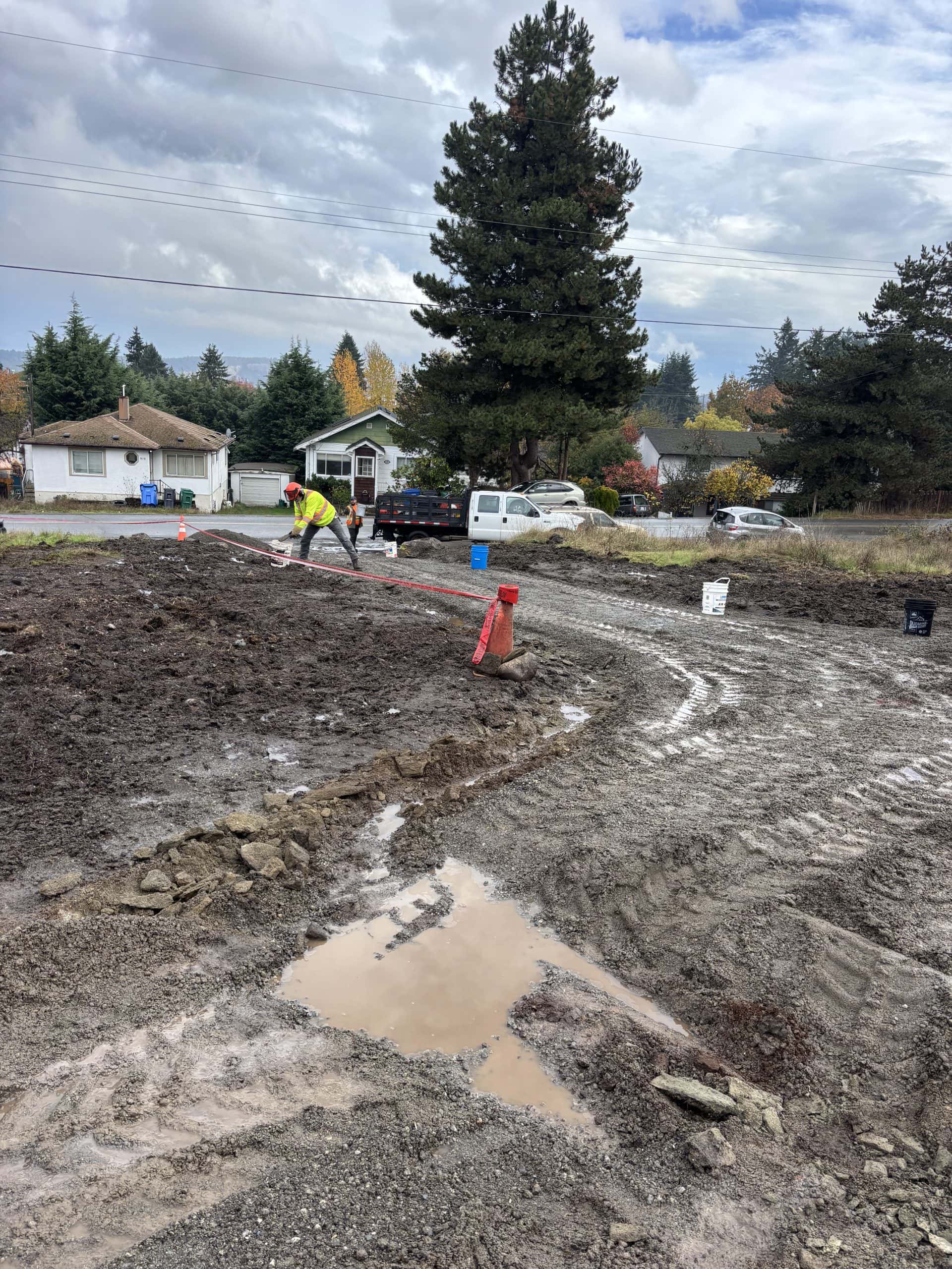 A muddy path winds around near a residential neighbourhood