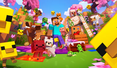 Steve stands among many baby mobs in the cherry grove, with two giant yellow baby chicks photobombing in the foreground.