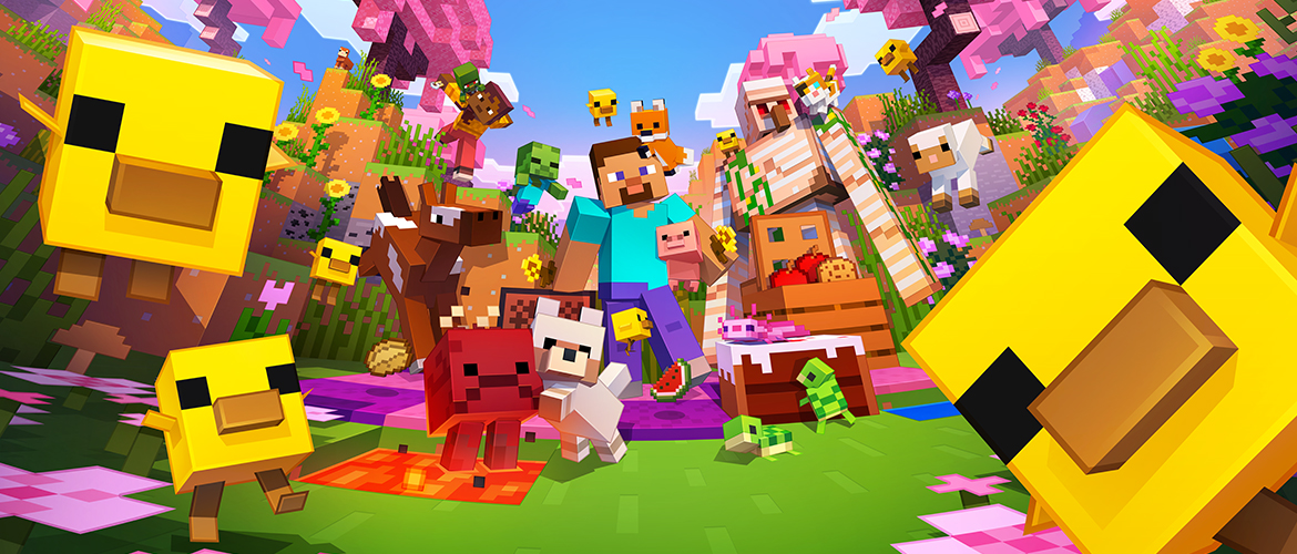 Steve stands among many baby mobs in the cherry grove, with two giant yellow baby chicks photobombing in the foreground.