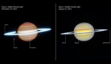 Two side-by-side images of Saturn showing the planet in different wavelengths. The one on the left makes the planet appear more orange with glowing blue rings while the image on the right makes it appear soft yellow with more silvery rings.
