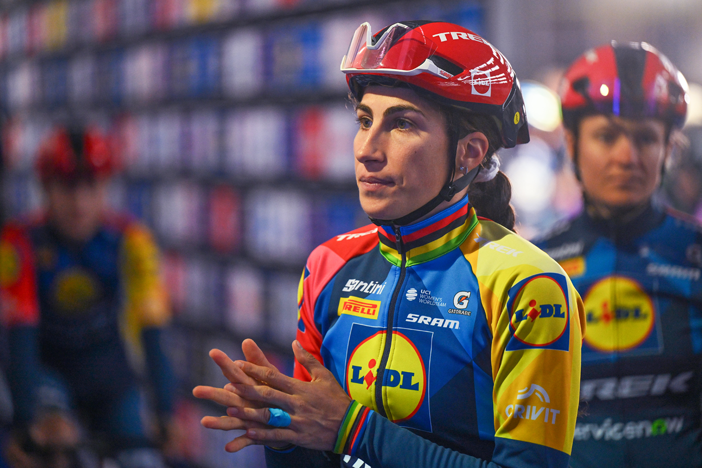 GHENT, BELGIUM - FEBRUARY 28: Elisa Balsamo of Italy and Team Lidl - Trek prior to the 21st Omloop Het Nieuwsblad 2026, Women's Elite a 137.2km one day race from Ghent to Ninove / #UCIWWT / on February 28, 2026 in Ghent, Belgium. (Photo by Luc Claessen/Getty Images)