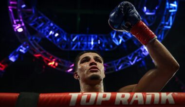 Roberto Valenzuela, Jr. and Xander Zayas fight for the NABO/ NABF Junior Middleweight Titles live on ESPN during a Top Rank bout at the American Bank Center on Friday, Sept. 15, 2023, in Corpus Christi, Texas. Zayas won by technical knockout in the fifth round.