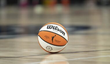 Sep 23, 2025; Minneapolis, Minnesota, USA; A general view of a game ball on the court in a game between the Phoenix Mercury and Minnesota Lynx during game two of the second round for the 2025 WNBA Playoffs at Target Center