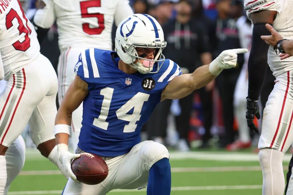Indianapolis Colts wide receiver Alec Pierce celebrates after a play against the Arizona Cardinals.
