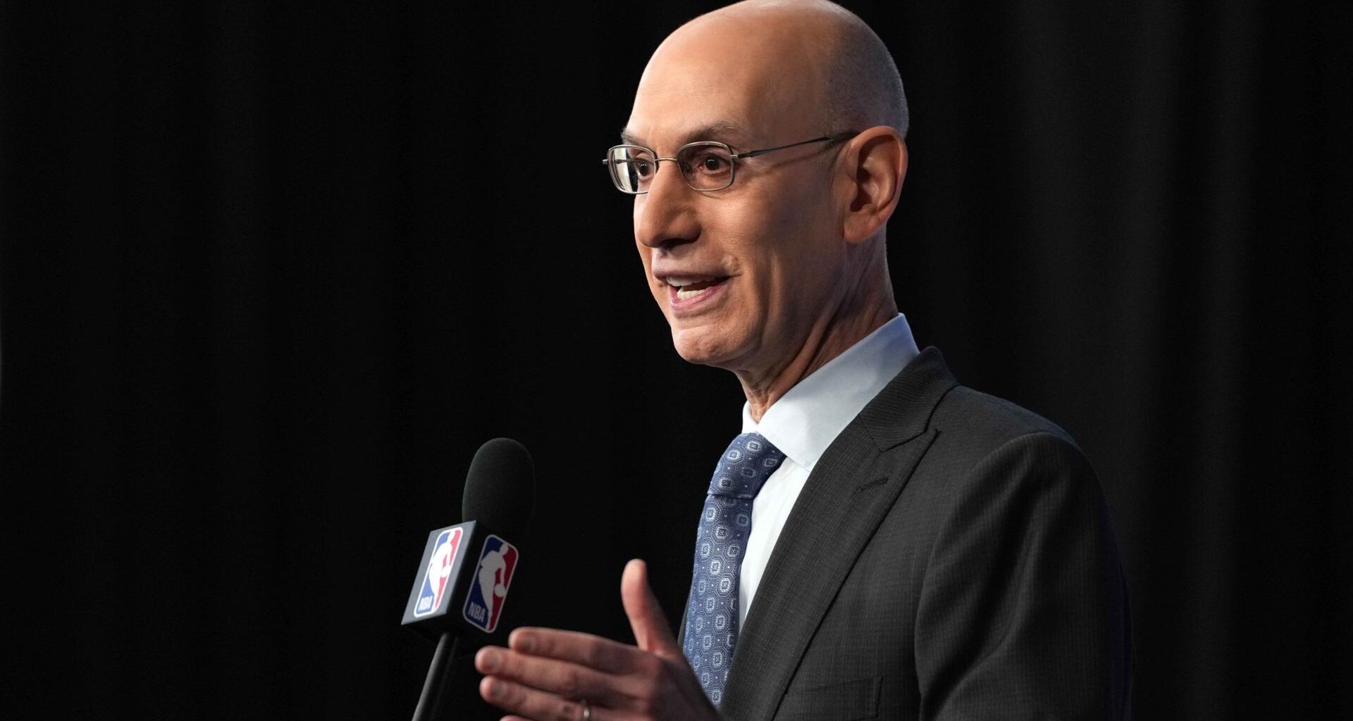 Feb 14, 2026; Los Angeles, CA, USA; NBA commissioner Adam Silver speaks at press conference during the NBA All Star game at the Intuit Dome. Mandatory Credit: Kirby Lee-Imagn Images