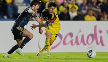 Alejandro Zendejas of Mexico's América, right, and Indiana Vassilev of the United States' Philadelphia Union vie for the ball during a CONCACAF Champions Cup round of 16 second leg soccer match in Mexico City on Wednesday.