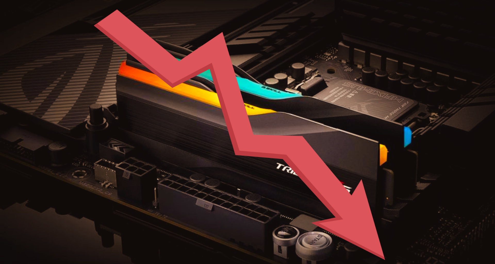 A G.SKILL Trident Z RGB RAM module is installed on an ASUS ROG motherboard with a red downwards arrow overlaying the image.