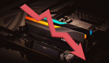A G.SKILL Trident Z RGB RAM module is installed on an ASUS ROG motherboard with a red downwards arrow overlaying the image.