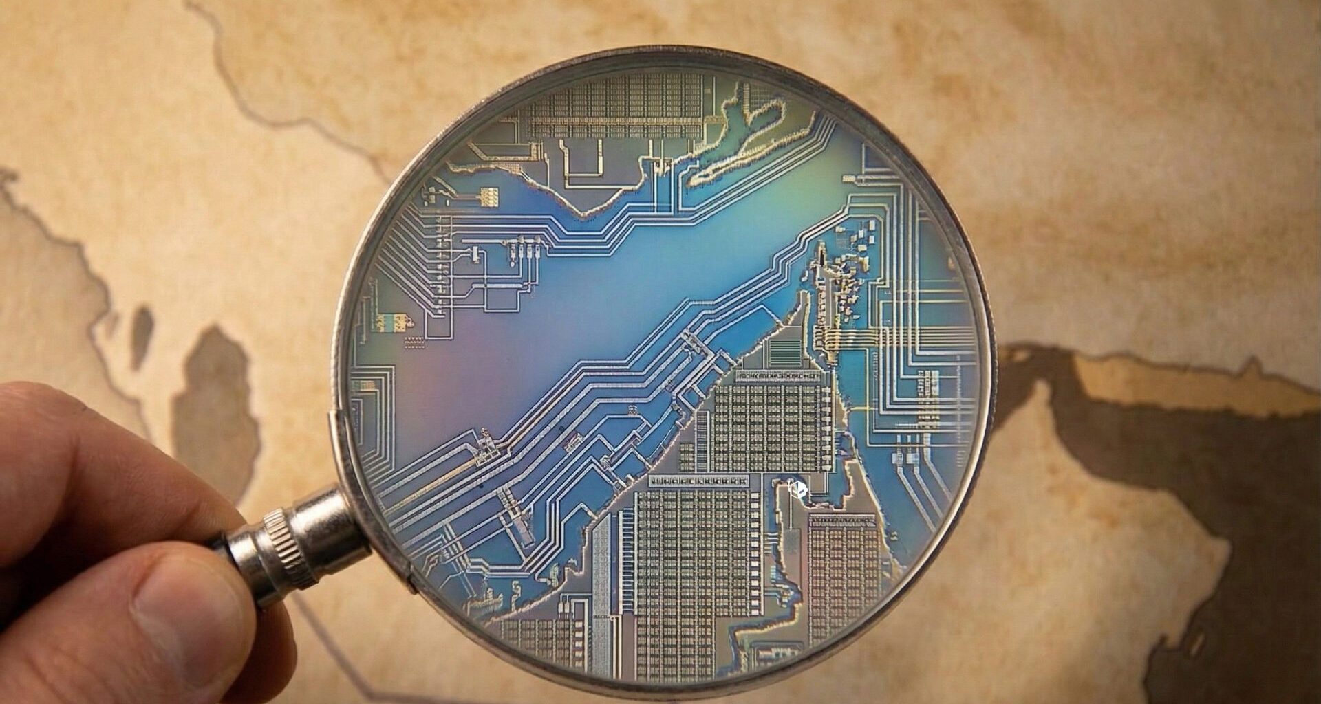 A hand holding a magnifying glass focuses on the intricate circuitry of a microchip against a map background.