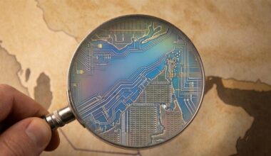A hand holding a magnifying glass focuses on the intricate circuitry of a microchip against a map background.