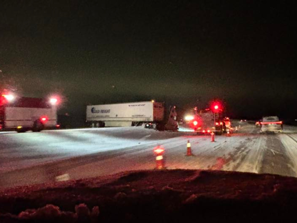 Jackknifed semi, icy roads snarl traffic across southern Manitoba