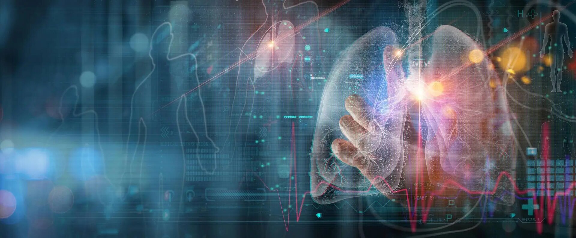 A hand touches a virtual interface which is displaying lung graphics and information.
