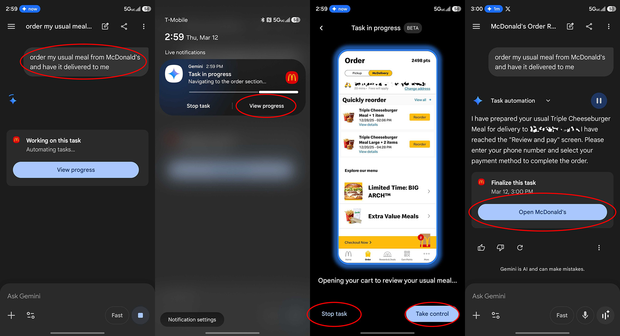 Asking Gemini to order food from McDonalds using the screen automation feature