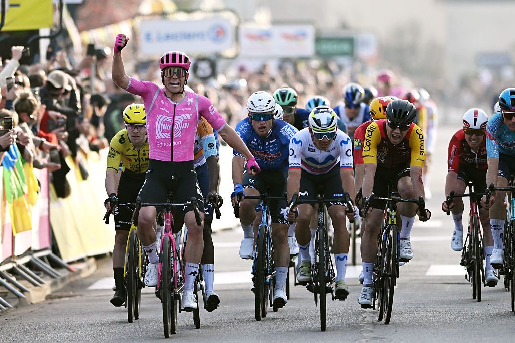 CARRIERES-SOUS-POISSY, FRANCE - MARCH 08: Luke Lamperti of United States and Team EF Education - EasyPost celebrates at finish line as stage winner during the 84th Paris-Nice 2026, Stage 1 a 170.9km stage from Acheres to Carrieres-sous-Poissy / #UCIWT / on March 08, 2026 in Carrieres-sous-Poissy, France. (Photo by Szymon Gruchalski/Getty Images)