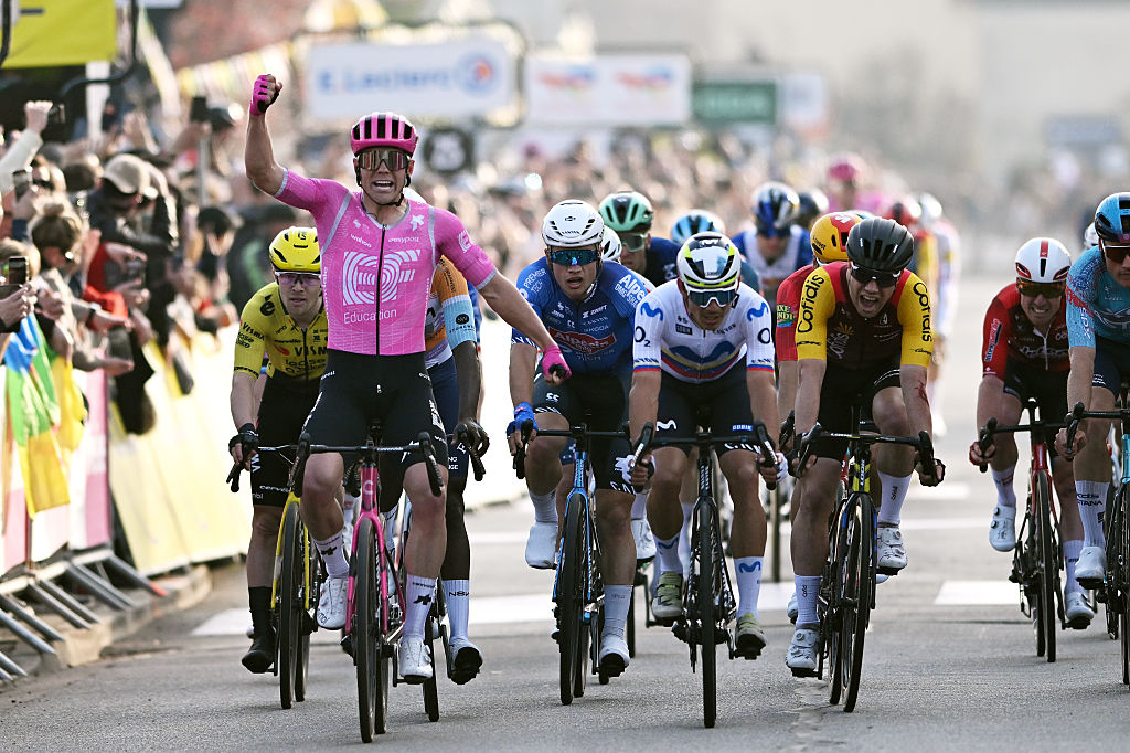 CARRIERES-SOUS-POISSY, FRANCE - MARCH 08: Luke Lamperti of United States and Team EF Education - EasyPost celebrates at finish line as stage winner during the 84th Paris-Nice 2026, Stage 1 a 170.9km stage from Acheres to Carrieres-sous-Poissy / #UCIWT / on March 08, 2026 in Carrieres-sous-Poissy, France. (Photo by Szymon Gruchalski/Getty Images)