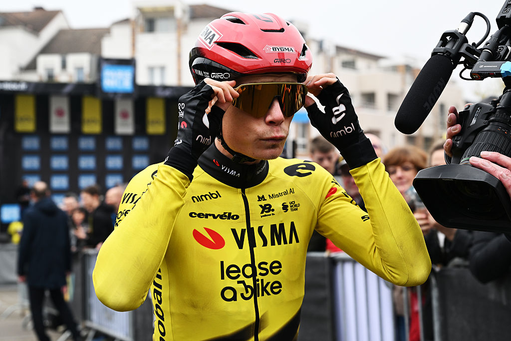 ACHERES, FRANCE - MARCH 08: Jonas Vingegaard of Denmark and Team Visma | Lease a Bike prior to the 84th Paris-Nice 2026, Stage 1 a 170.9km stage from Acheres to Carrieres-sous-Poissy / #UCIWT / on March 08, 2026 in Acheres, France. (Photo by Szymon Gruchalski/Getty Images)