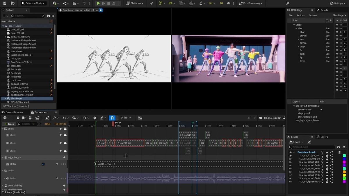 Unreal Engine 5 interface showing animation work for KPop Demon Hunters