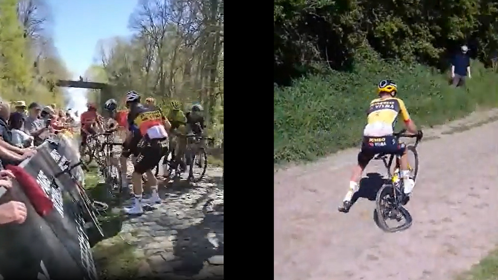 Two screenshots from videos of Jumbo Visma's wheels folding in half