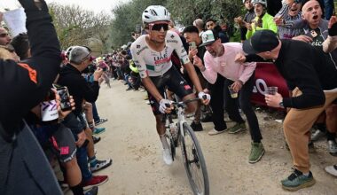 Mexican Isaac Del Toro of UAE Team Emirates - XRG pictured in action during the men elite 'Strade Bianche' one day cycling race, 203km from and to Siena, Italy on Saturday 07 March 2026. BELGA PHOTO DIRK WAEM (Photo by DIRK WAEM / BELGA MAG / Belga via AFP)