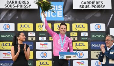 American Luke Lamperti of EF Education - EasyPost celebrates on the podium of the first stage of 84th edition of the Paris-Nice cycling race, 170,9 km from Archeres to Carrieres-sous-Poissy, Sunday 08 March 2026.BELGA PHOTO DAVID PINTENS (Photo by DAVID PINTENS / BELGA MAG / Belga via AFP)