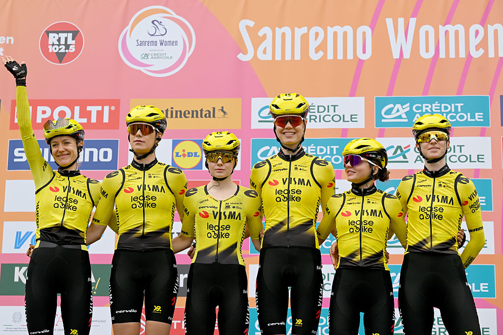GENOVA, ITALY - MARCH 21: A general view of Rosita Reijnhout of Netherlands, Femke de Vries of Netherlands, Daniek Hengeveld of Netherlands, Lieke Nooijen of Netherlands, Sarah van Dam of Canada, Margaux Vigie of France and Team Visma | Lease a Bike prior to the 8th Milano-Sanremo Donne 2026, Women's Elite a 156km one day race from Genova to Sanremo / #UCIWWT / on March 21, 2026 in Genova, Italy. (Photo by Tim de Waele/Getty Images)