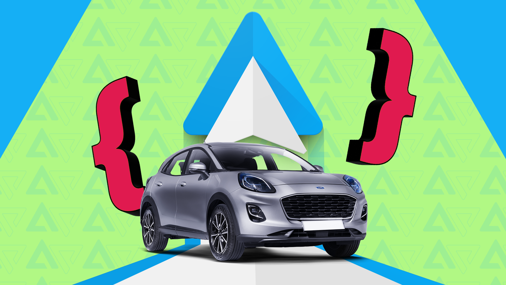 A silver car under the Android Auto logo, framed by two red curly brackets