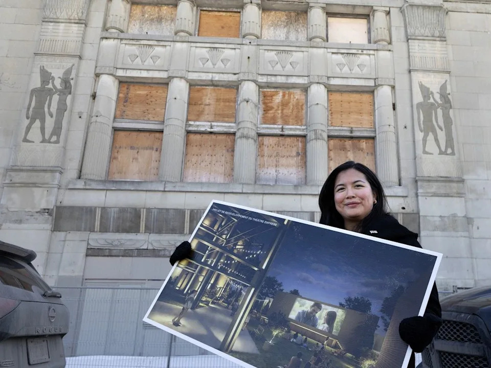 Stéphanie Valenzuela, borough mayor of C.D.N.-N.D.G., displays a design for Phase 1 of the project to revive the Empress Theatre on Tuesday, Feb. 24, 2026.