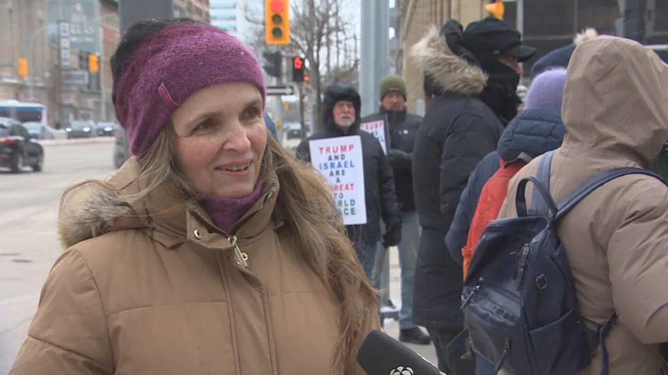 Candice Bodnaruk with Peace Alliance Winnipeg condemned joint United States-Israel attacks on Iran at a rally in Winnipeg on Sunday. 
