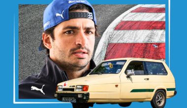 Carlos Sainz looks down on a Reliant Robin