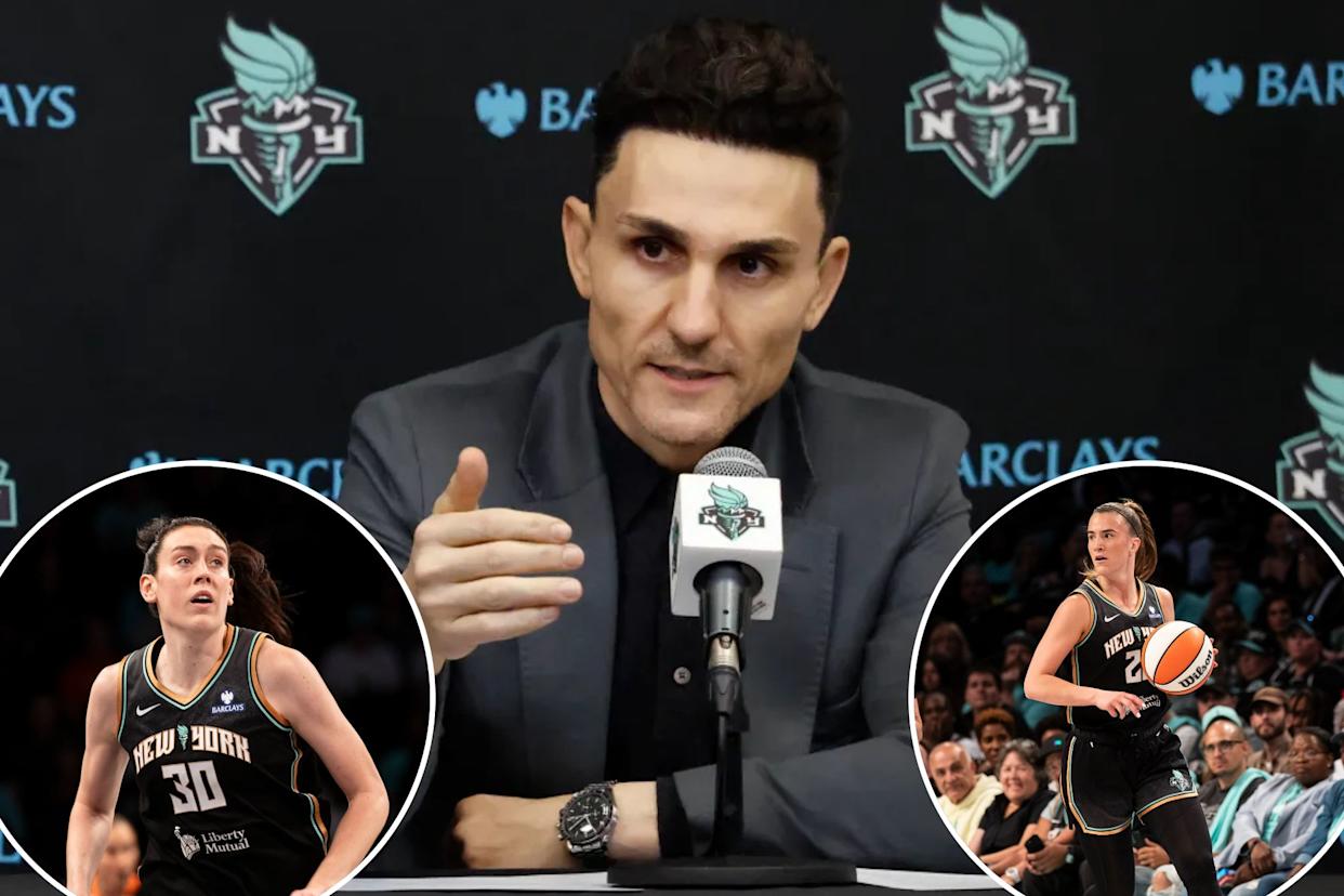 An image collage containing 3 images, Image 1 shows Jonathan Kolb addresses a press conference at the Barclays Center in Brooklyn, New York, Image 2 shows Breanna Stewart #30 of the New York Liberty looks on during game against the Washington Mystics during a regular season matchup at Barclays Center, Image 3 shows Sabrina Ionescu #20 of the New York Liberty handles the ball against the Washington Mystics during a regular season matchup at Barclays Center