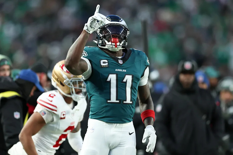 Jan 11, 2026; Philadelphia, PA, USA; Philadelphia Eagles wide receiver A.J. Brown (11) celebrates first down against the San Francisco 49ers during the first quarter in an NFC Wild Card Round game at Lincoln Financial Field. Mandatory Credit: Bill Streicher-Imagn Images