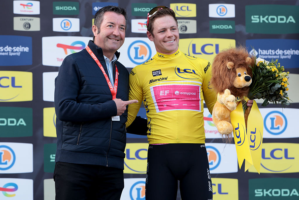 CARRIERES-SOUS-POISSY, FRANCE - MARCH 8: Karl Olive poses with Luke Lamperti of USA and Team EF Education - EasyPost who wears the race leader&amp;apos;s yellow jersey during the podium ceremony following Stage 1 of the 84th Paris-Nice 2026, a 170.9km stage from Acheres to Carrieres-sous-Poissy / #UCIWT / on March 8, 2026 in Carrieres-sous-Poissy, France. (Photo by Jean Catuffe/Getty Images)